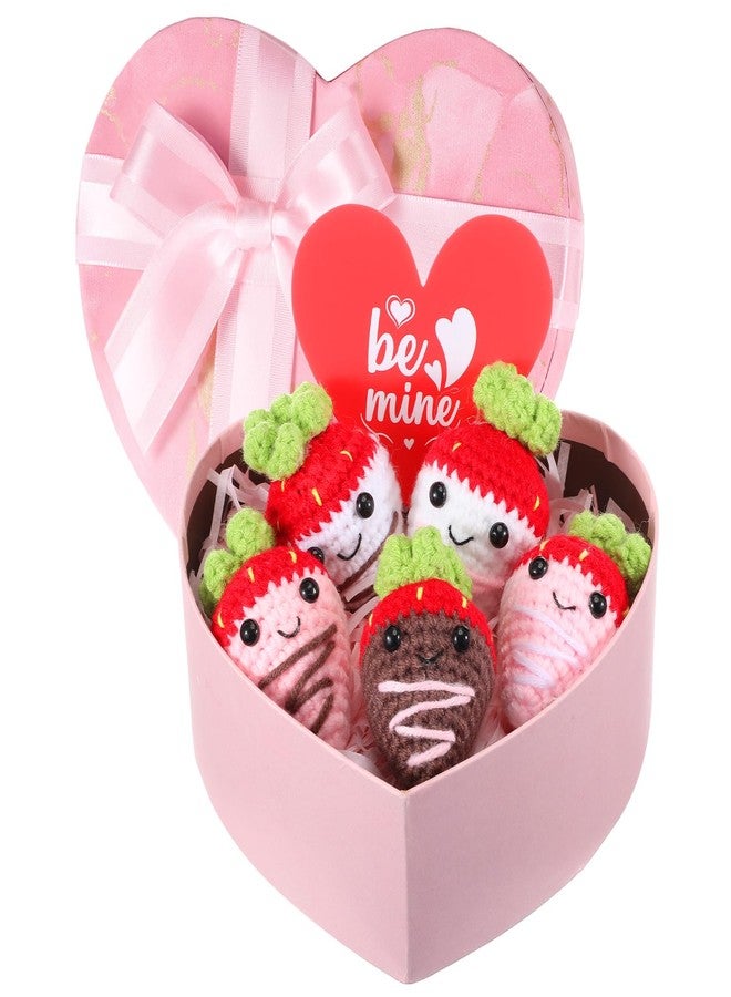 Civaner Valentine's Day Gift Set Crochet Heart Box Women Her Girlfriend Knitted Anniversaries Pink Love 5 Pcs Hand Knitted Crochet Yarn Figurine Be Mine Card Him Birthday Decor(Strawberry) - Image 1